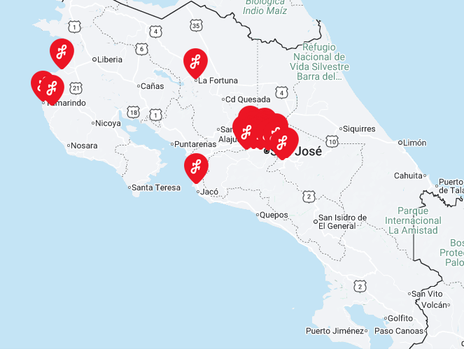 Mapa de Costa Rica con la ubicación de las sucursales Fischel